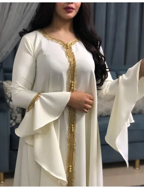 Jalabiya-Vestido Kaftan Árabe para Mulheres, Dubai, Turquia, Abaya, Bordado, Djellaba Solto, Moda Muçulmana, Vestuário Islâmico, Branco