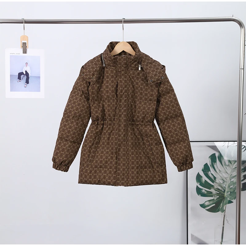 Upgraded Thickened Allover Printed Mid Length Padded Coat Stand Collar Drawstring Waist Windproof 2026 Winter Women Outer Jacket
