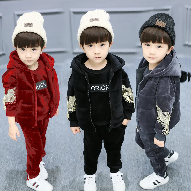 

Baby Kids Winter 3 Pcs Set Children Gold Velvet Clothing Suit Little Boys & Girls Eagle Hooded Vest Coat + Tops + Pants Clothes