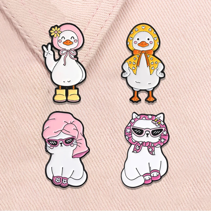 Cartoon Headscarf Duck Peace Gesture Enamel Pins Cute Spa Vacation Cat Sunglasses Slipper Animal Brooches Badge Jewelry Gifts
