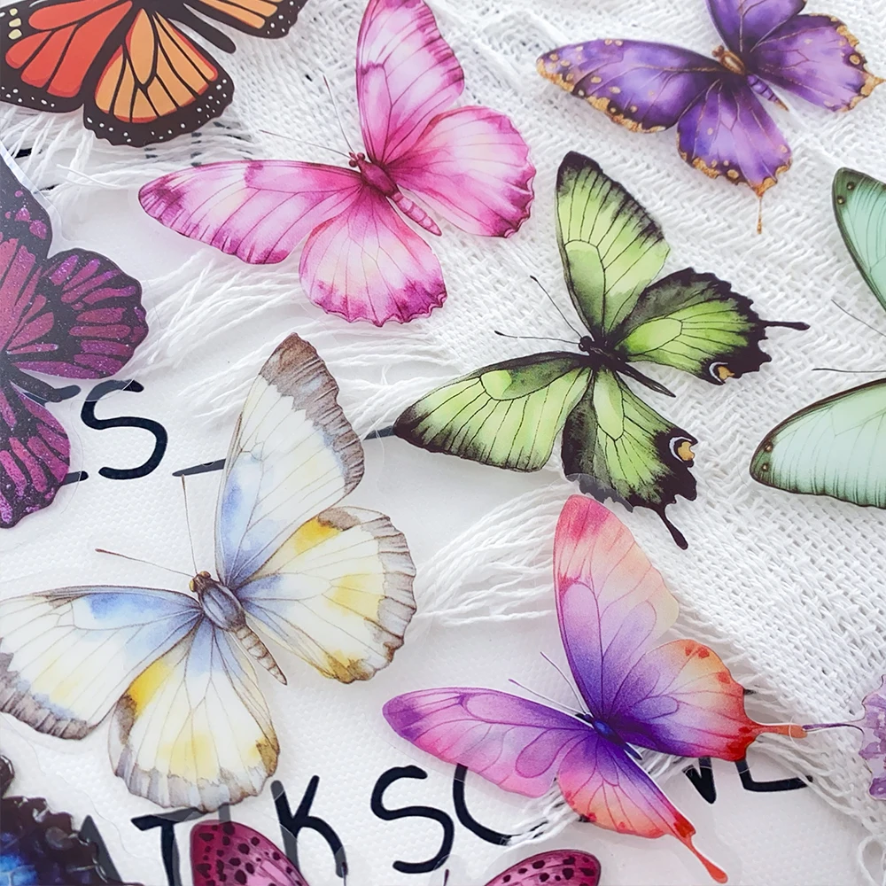 50 stücke Bunte Schmetterling PET Aufkleber Aufkleber Für Telefon Flasche Kühlschrank Gitarre Helm DIY Ästhetische Transparente Aufkleber – Detail 14