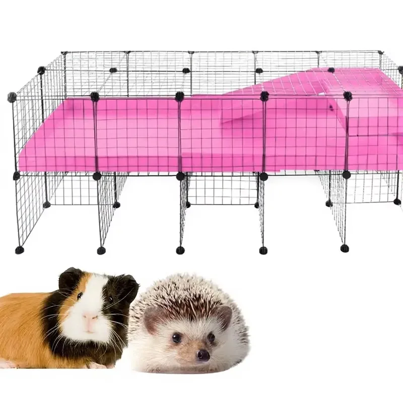 ZJH Cage Modular Wire Grid Pink with Lid for Guinea Pig Hedgehog Tortoise Enclosure 5x2 Loft Stand