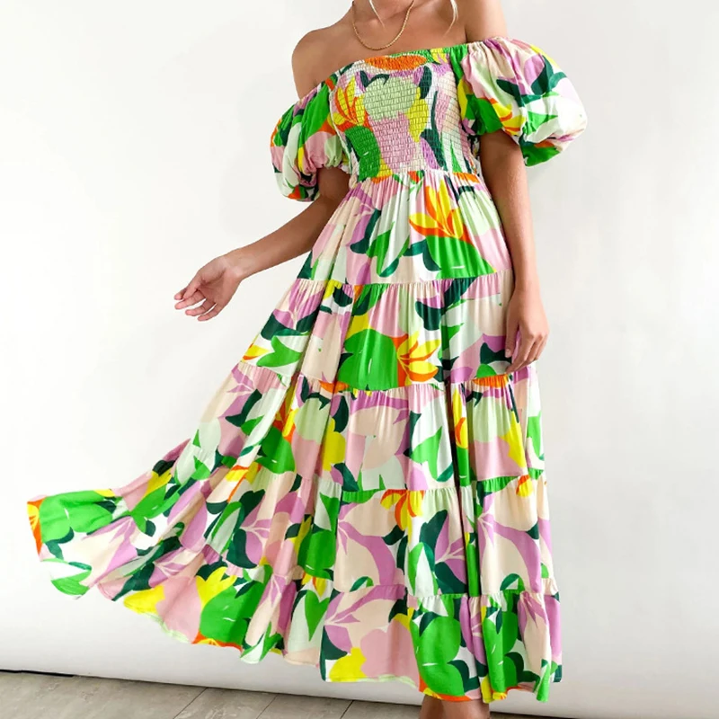 เดรสพิมพ์ลายดอกไม้แขนพอง สไตล์เซ็กซี่เปิดหลัง คอเฉียง ผ้ามีความยืดหยุ่น เอวสูง กระโปรงสั้น/ยาว รุ่นใหม่สำหรับฤดูร้อน