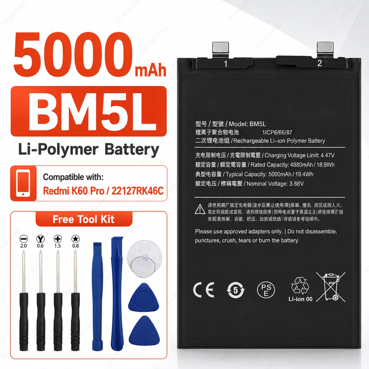 Replacement BM5L BM5S BM5W BM5X Battery for Xiaomi Redmi K60 K70 Pro K60 Ultra Mi 13T Pro K70E POCO F6 Pro Tools
