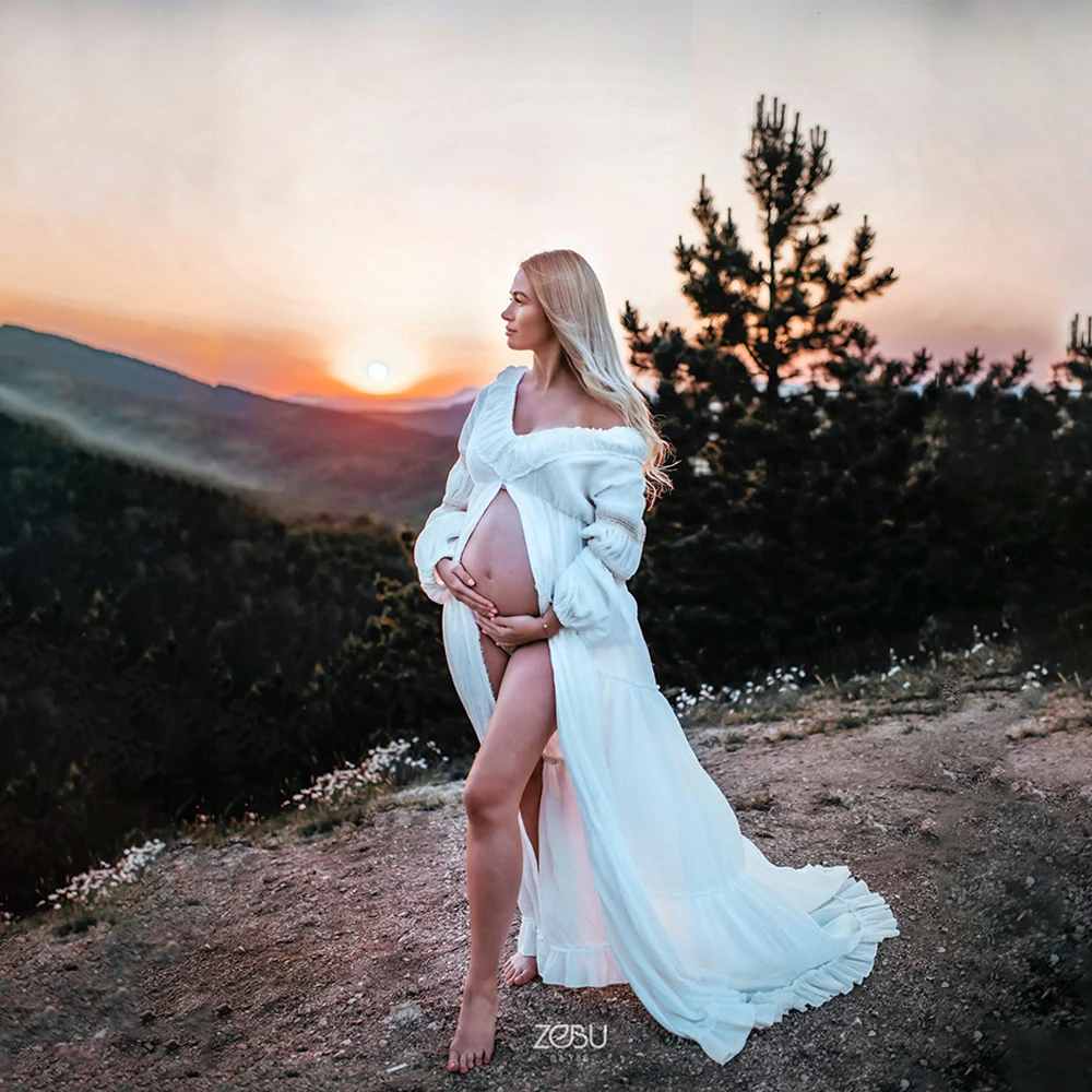 Boho Maxi Dress For Maternity Photo Shoot Elegant V Neck Ruffled Lantern Sleeves Flutter Style Linen Cotto Pregnancy Photography