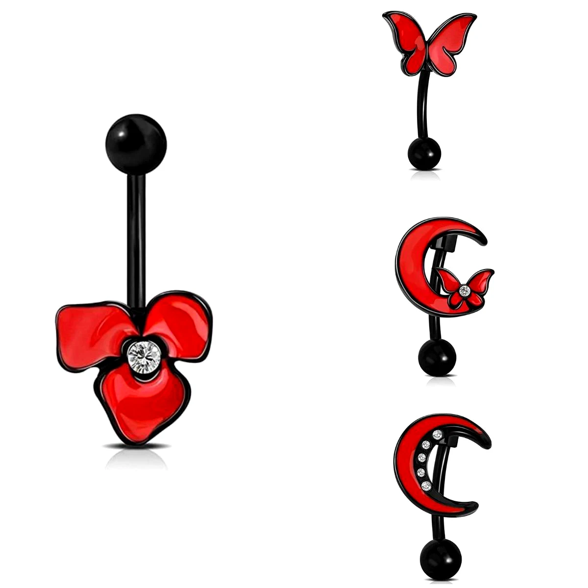 Inverted Butterfly Navel Ring Halloween Red Heart shaped Umbilical Nail Body Piercing Jewelry