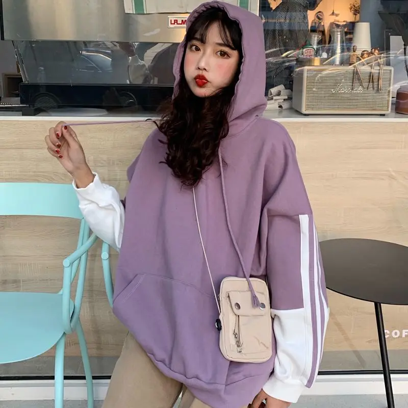 Women Aesthetic Hoodies Patchwork Lilac Sprot Sweatshirts Y2K Zip Up Autumn Vintage Oversized Hoodies With Pockets Inner Suede