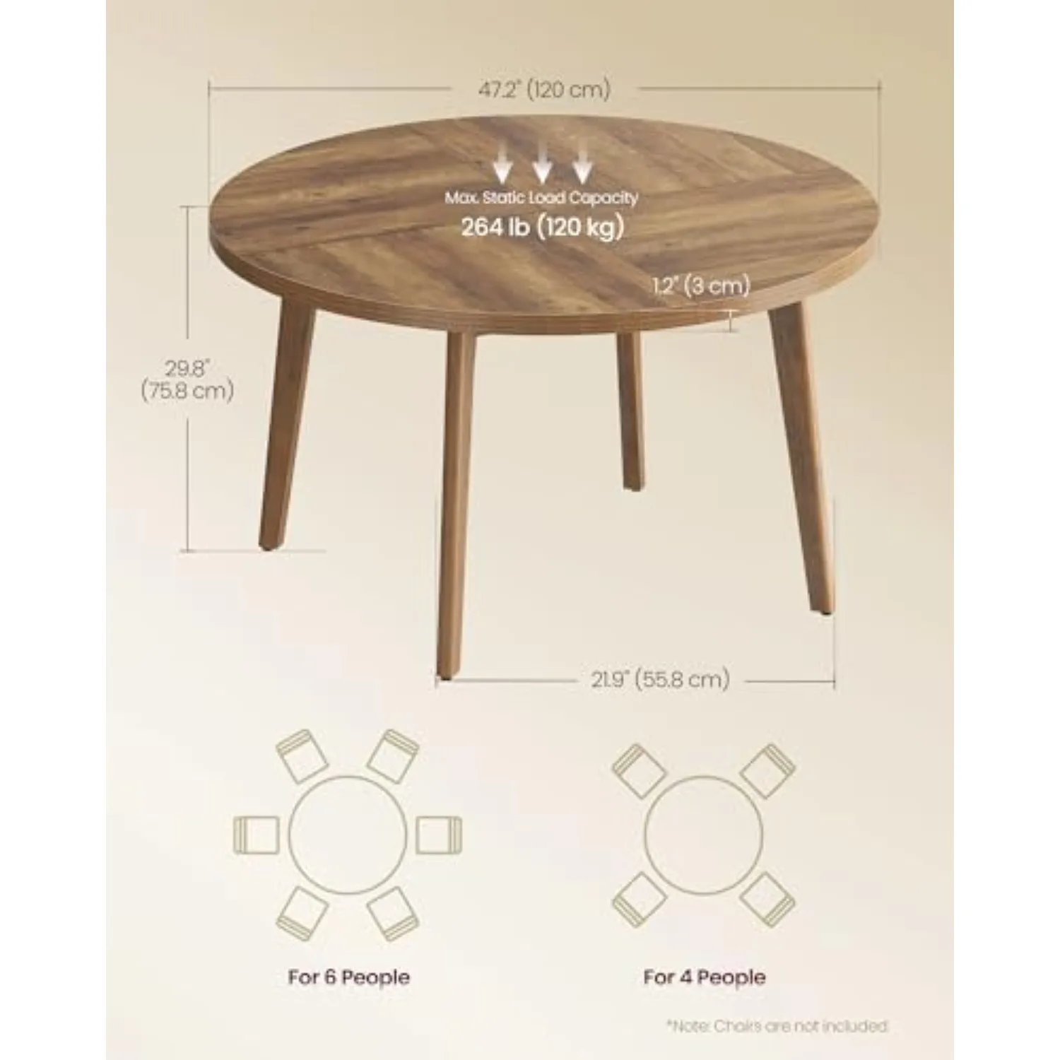 MAEZO Collection - Round Dining Table for 4-6 People, 47.2 Inches Circle Kitchen Table with Tapered Legs, Curved