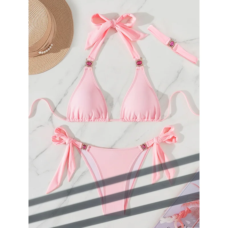 Solid Color Two-Piece SetBikiniSexy Tie Triangle Style Women's Swimsuit with Headpiece Swimwear