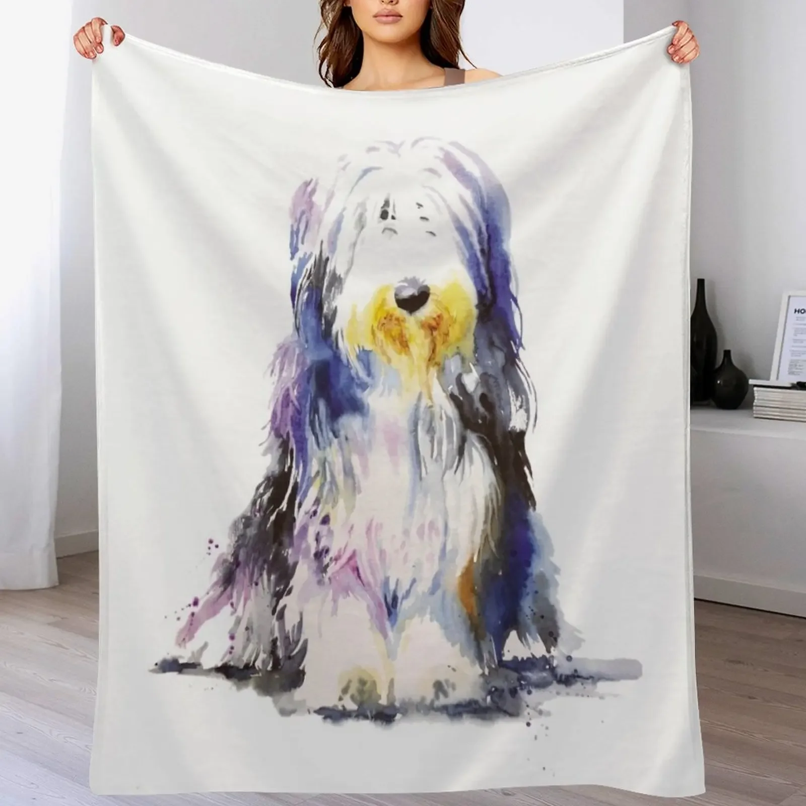 Bearded Collie Watercolour Throw Blanket Soft Solid Color Blanket for Couch Bed
