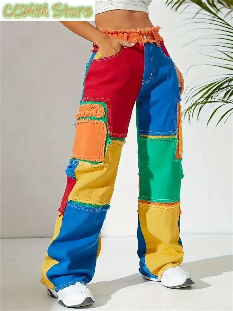 Women's Multiple Color Stitching Burrs Straight Jeans Cool Girl High Waisted Streetwear Fashion Pants Female Denim Trouser