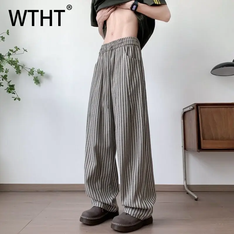 

WTHT Trendy 2025 Summer Men's Striped Drawing Straight Casual Pants Fashion High-waisted Loose Wide Leg Trousers Male 2A0936
