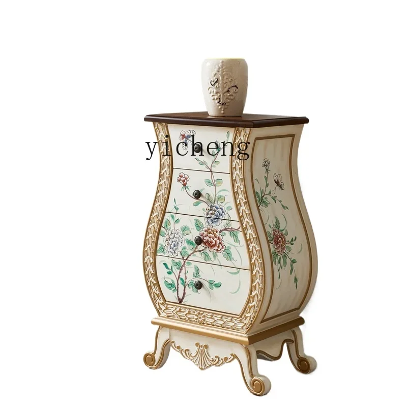 

TQH entrance chest cabinet solid wood American vase decorative cabinet storage finishing side cabinet retro painting