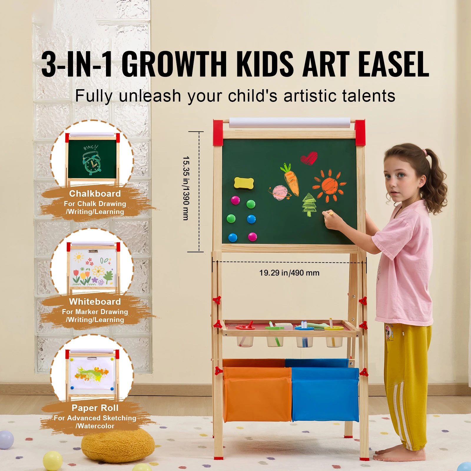 Art Easel for Kids, 3-in-1 Wooden Double-Sided Kid's Art Easel with Magnetic Whiteboard, Chalkboard, Paper Roll, Adjustable Standing Drawing Board with Painting Accessories, Storage for Boy Girl