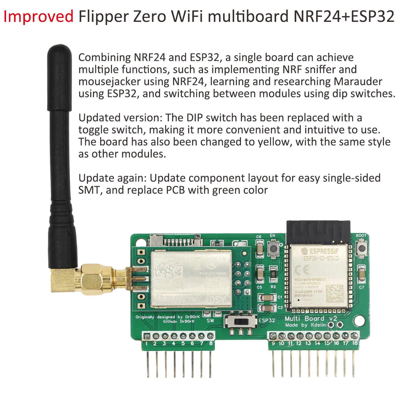 Improved Flipper Zero WiFi Multiboard NRF24+ESP32 Development Board/CC1101 SubGhz Module/ESP8266/GPIO Module/Air Mouse Module