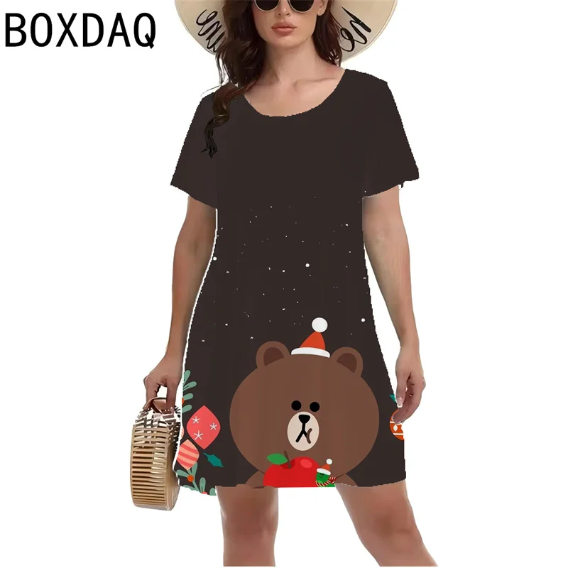 Summer New Women Christmas Party Dress Big Size Short Sleeve O-Neck Casual A-Line Dress Cartoon Cute 3D Santa Claus Print Dress