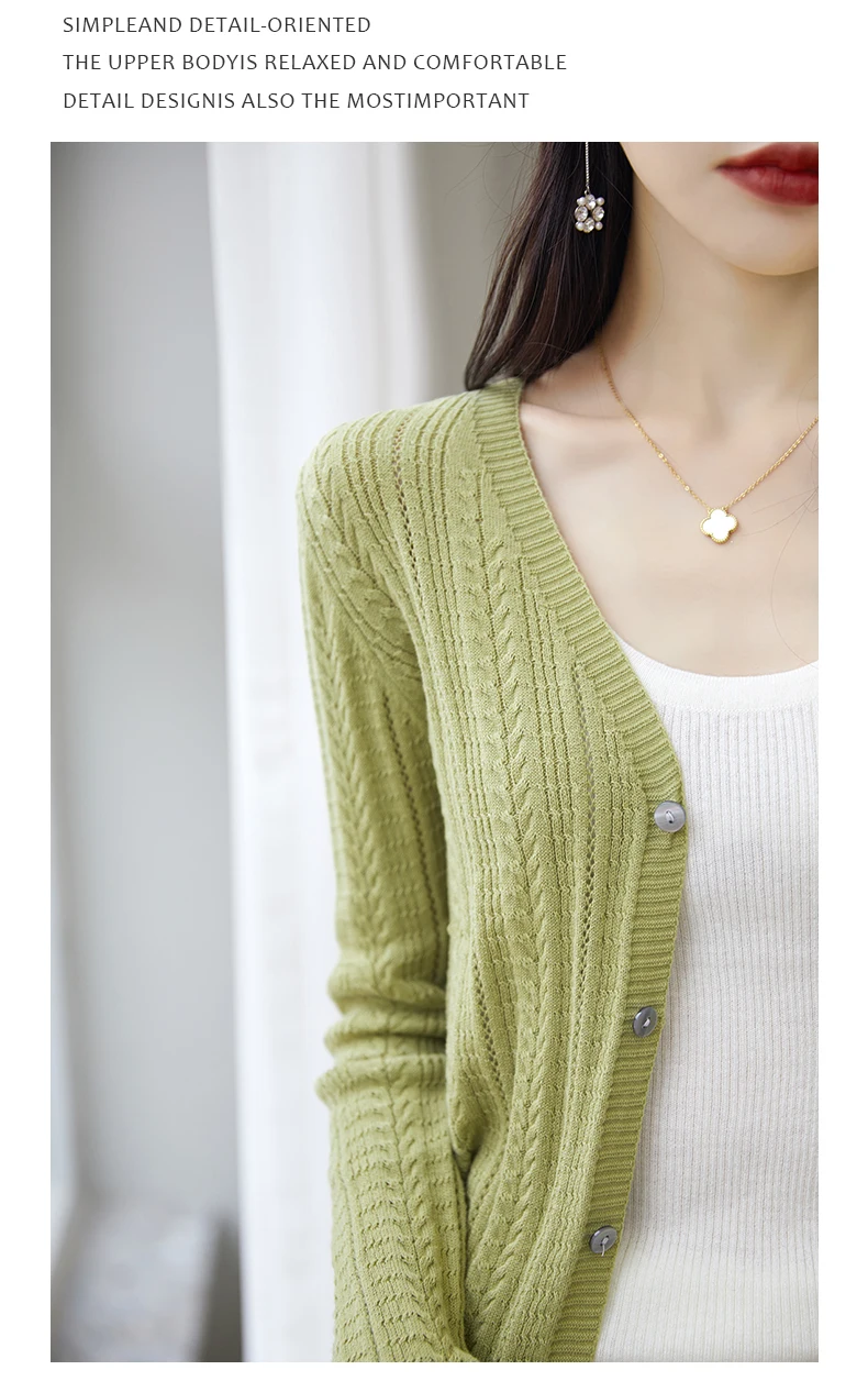 100% Cotton Spring/Summer Hollow v Neck Long Sleeved Sun Proof Air-Conditioned Shirt, Comfortable Fashionable Cardigan