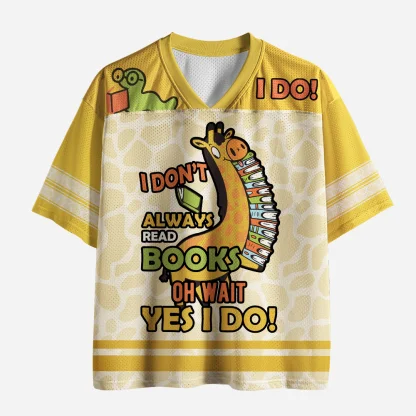 I Don't Always Read Books Giraffe Mesh Jersey Tee, Yellow Cartoon Giraffe Print V Neck Short Sleeve Casual Shirt