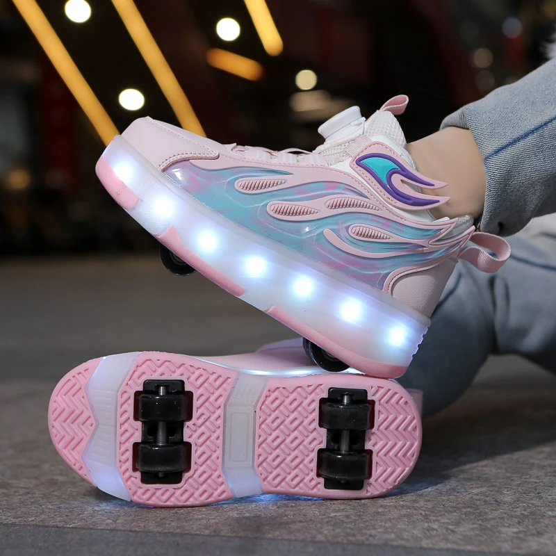 

LED Lights Kids Roller Skate Shoes Parkour Sneakers Running With 4 Wheels Detachable Invisible Roller Skates Rotation Button