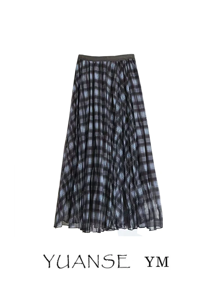 Retro Plaid High Waist Midi Skirt Slimming A-Line Gown Elegant Versatile Long Skirt Autumn 2025 Fashion for Young Women