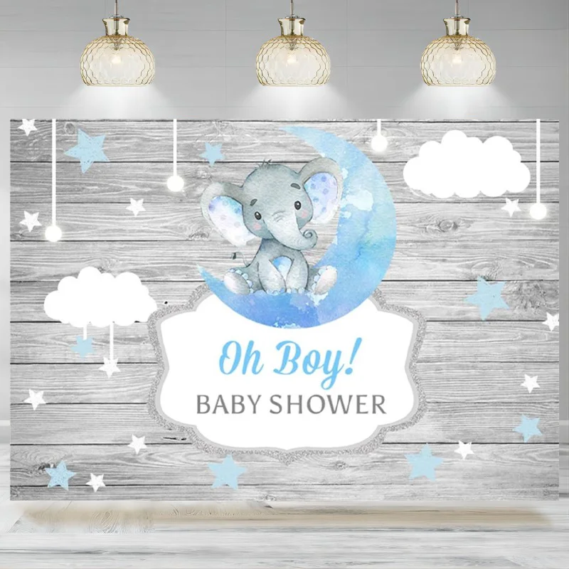 Elephant Baby Shower Backdrop Rustic Wood Gender Reveal Photography Background Blue Moon Newborn Decorations Banner Photo