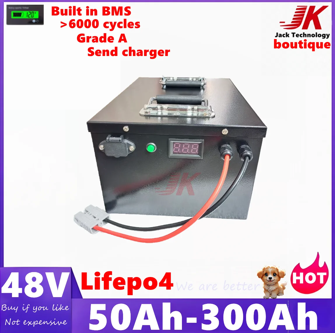 JK 48V Lifepo4 Battery50Ah 80Ah 100Ah 150Ah 200Ah 250Ah 300Ah for 5KW Solar System Electric Motorcycle Tricycle EV mower scooter