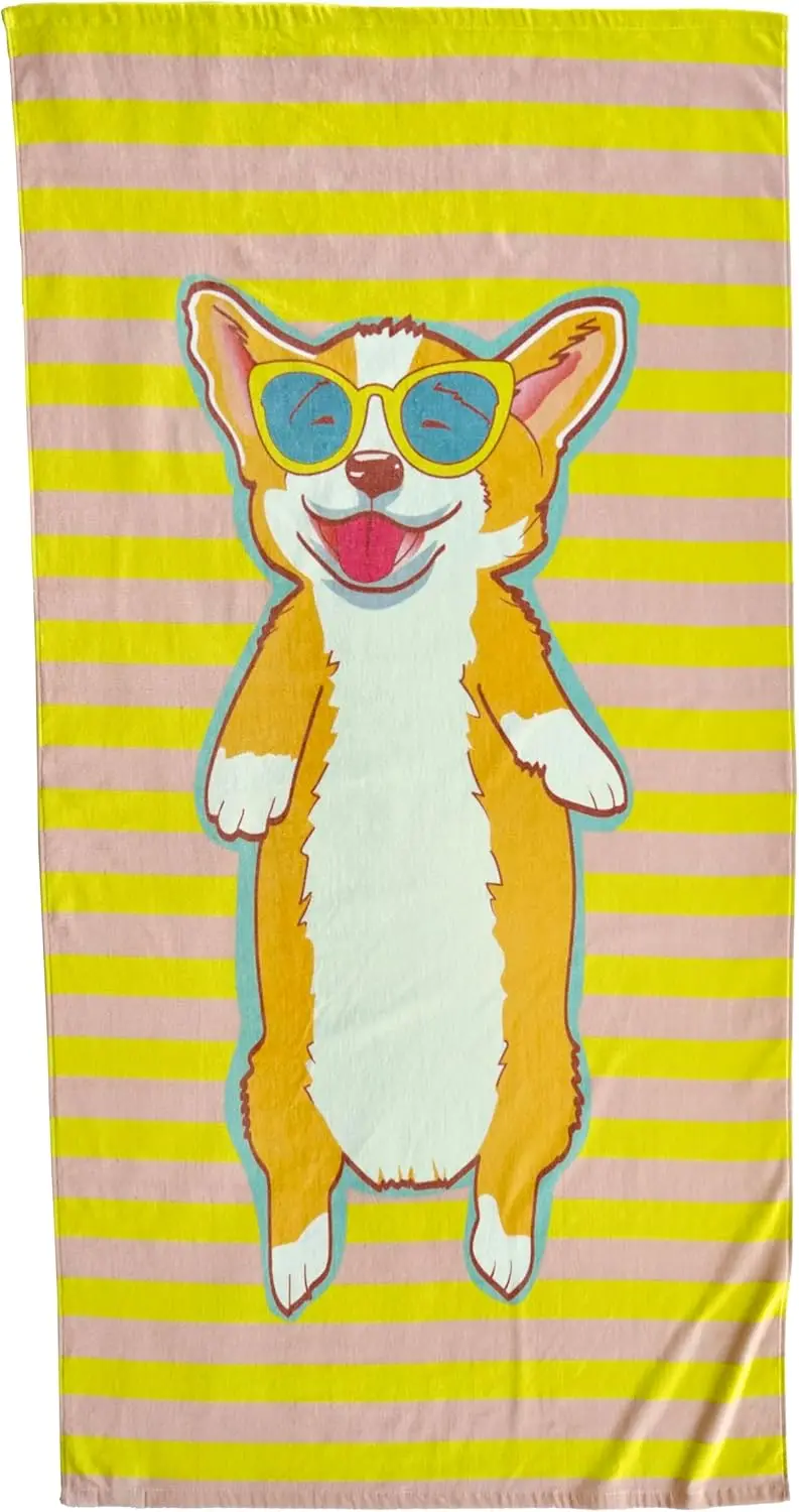 Lil'KenKen Striped Corgi Puppy Beach Towel, Made from Super Soft 100% Velour Cotton, Machine Washable (Sunshine Stripe)