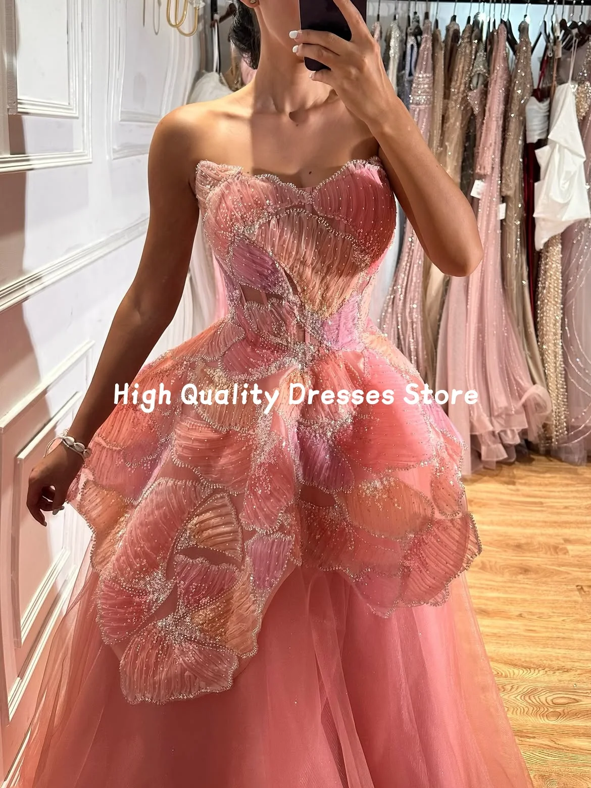 Evening Dresses New Gradient Strapless Crystal Leaf Peplum Glitter Tulle Dress Floor Length Homecoming Gala Outfit Customized