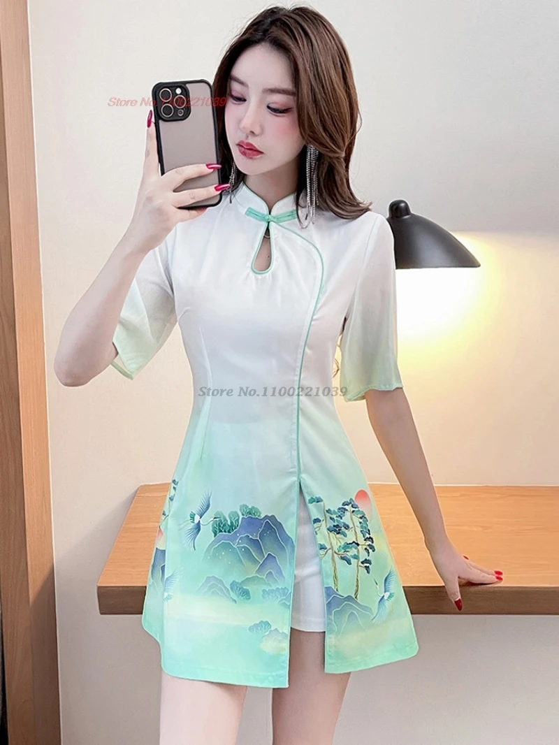 

Китайское сексуальное платье для ночного клуба, Cheongsam, платье Ципао с национальным цветочным принтом + шорты, комплект, рабочее платье для спа-салона, униформа красоты