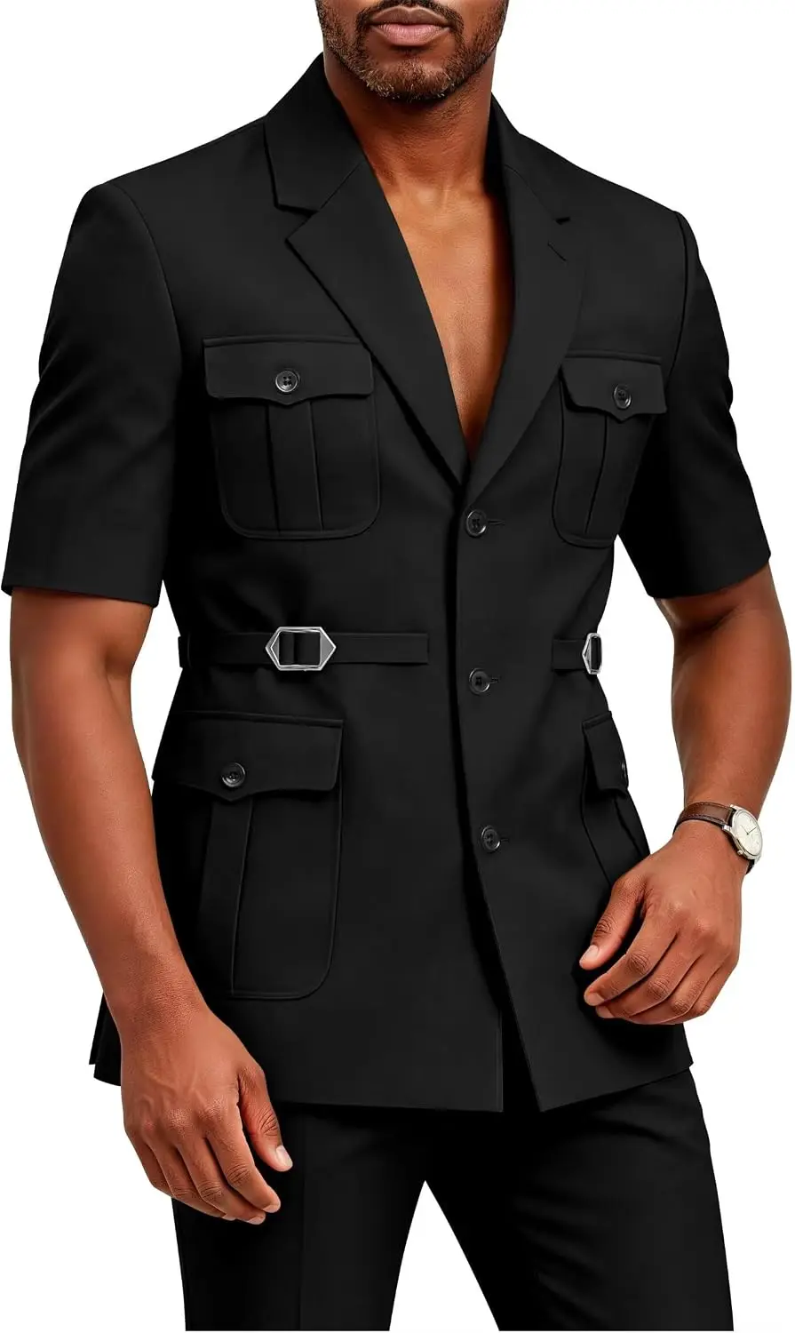 Mens African Short Sleeve Suits 2 Piece Outfits Safari Jacket Chinese Tunic Suit Formal Wedding Beach Prom Men