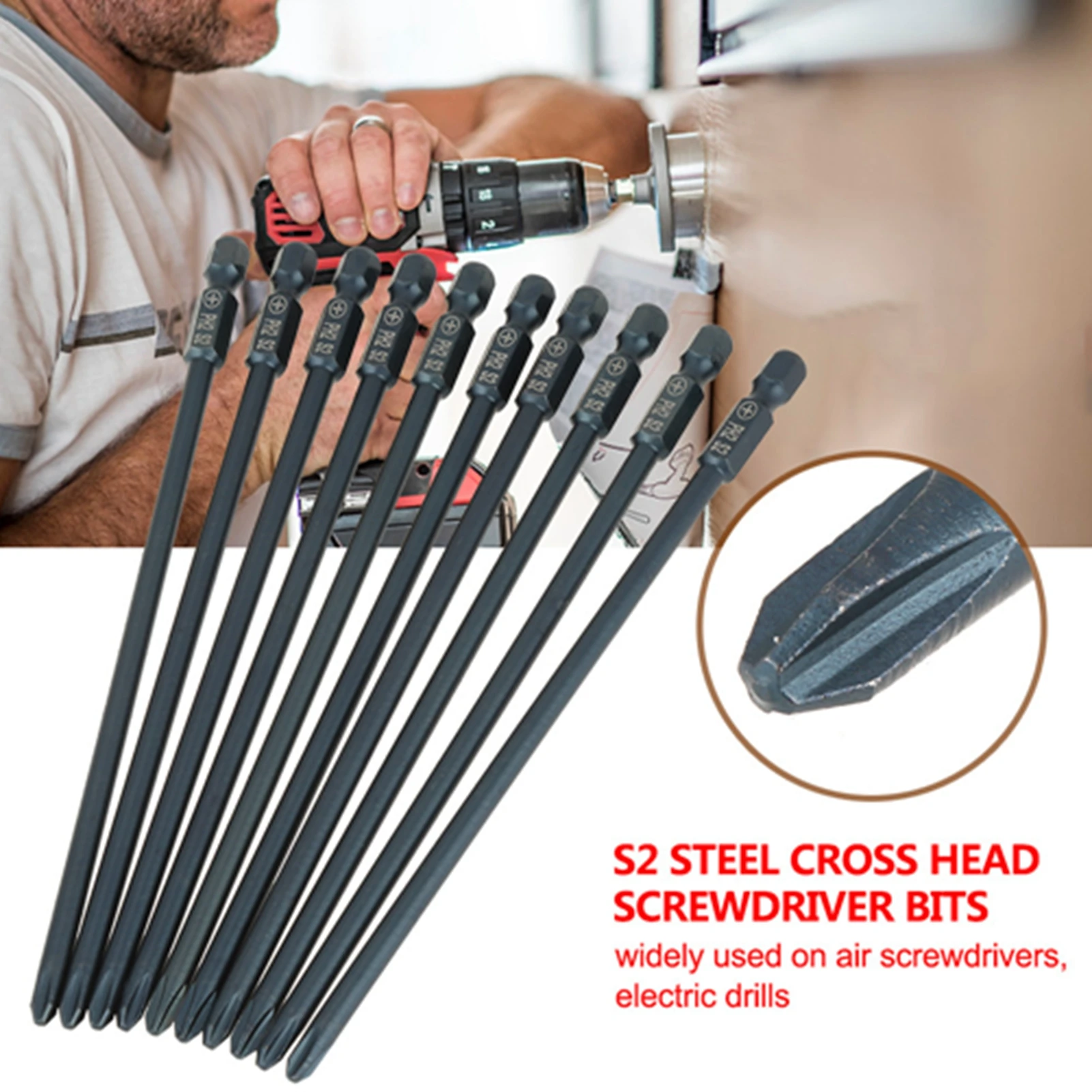 

S2 Cross Head Screwdriver Bit, 10pcs S2 Steel Cross Head PH2 Screwdriver Bits Set 1/4inch Hex Shank 150mm Tool