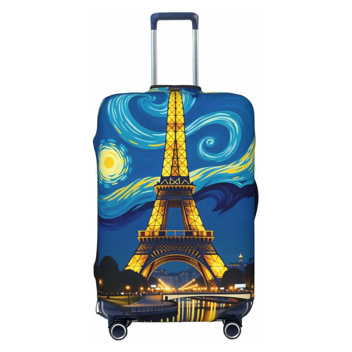 Eiffel Tower Paris Van Gogh Starry Night River Reflection Vertical Art Suitcase Cover Elastic Luggage Case Travel Protector