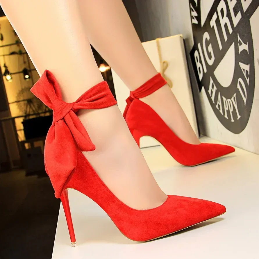 BIGTREE Shoes Bowknot Design Women Pumps Suede High Heels Stilettos Ladies Shoes Sexy Party Shoes Pointed Toe Women Basic Pump