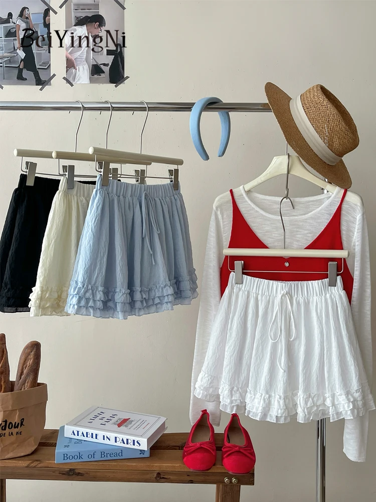 

Beiyingni Korean Kawaii Mini Skirts Women Lace Sweet White High Waisted Short A-line Skirt Female Summer Holiday Lining Faldas