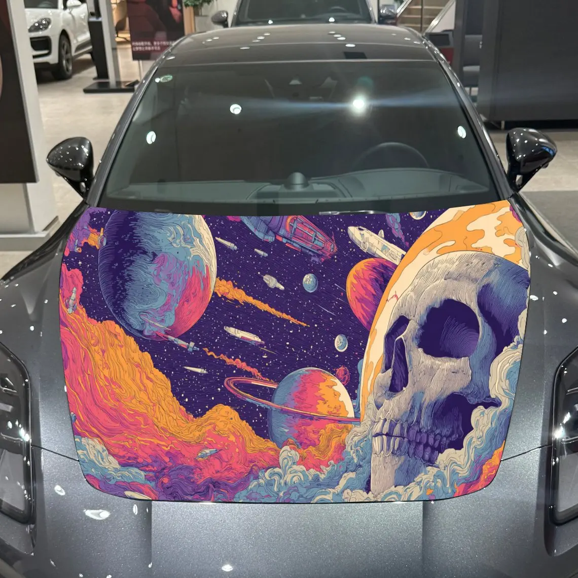 Sci - فن غطاء السيارة على شكل جمجمة Fi، ديكور غطاء السيارة للصاروخ والكواكب القديم لعشاق الفضاء، ملصق غطاء تلقائي، مقاوم للماء #4