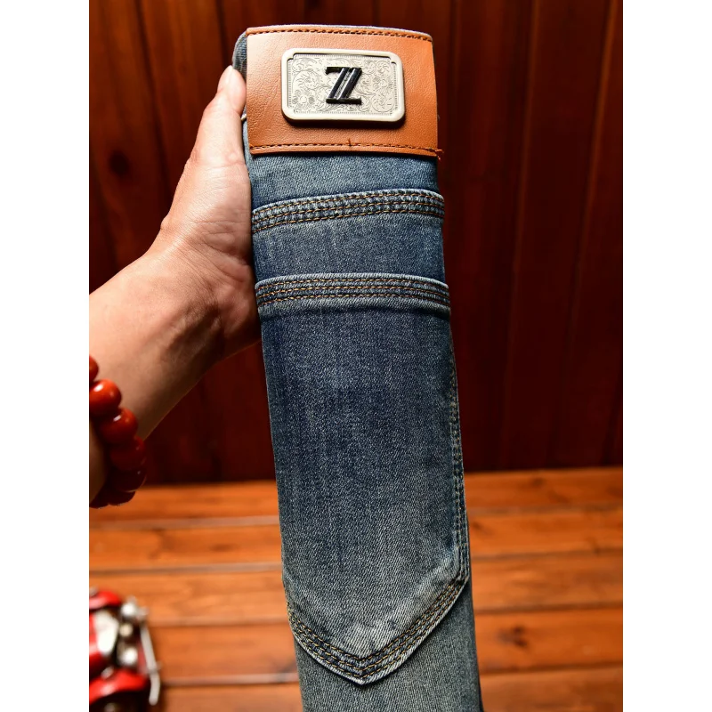 Męskie jeansy retro w kolorze niebieskim, wysokiej jakości, slim fit, mała rozmiarówka, elastyczne, proste, uniwersalne, codzienne, lekkie luksusowe spodnie.