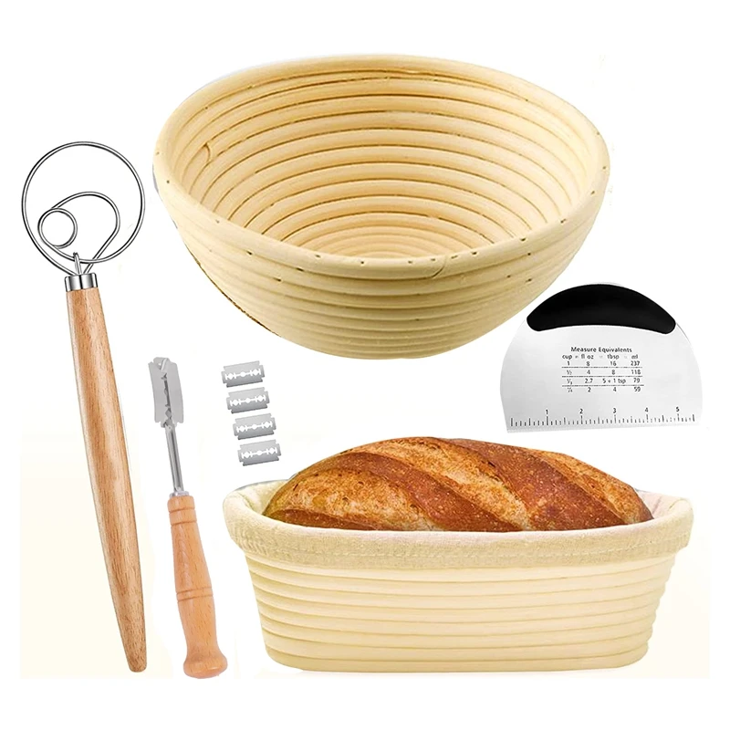 Bread Proofing Basket SET Of 2 With Starter Kit-Round And Ovel Bread Baking Bowl Tools -Bread Lame- Dough Scraper