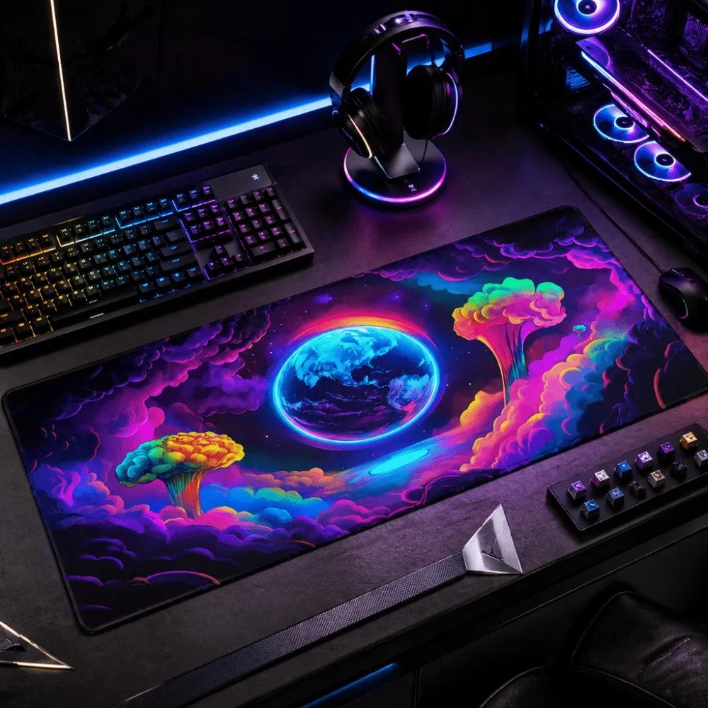 A table mat with neon fantasy planet and colorful cloud scenery prints, suitable for gamers and computer desk setups
