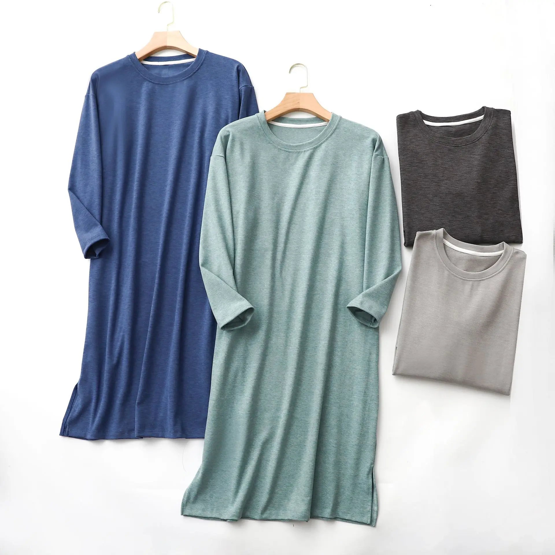 Men's Women's Round Neck Long Sleeve Nightgown Sleepwear Clothes Mid-long Knee Length Soft and Comfortable Nightwear Dresses