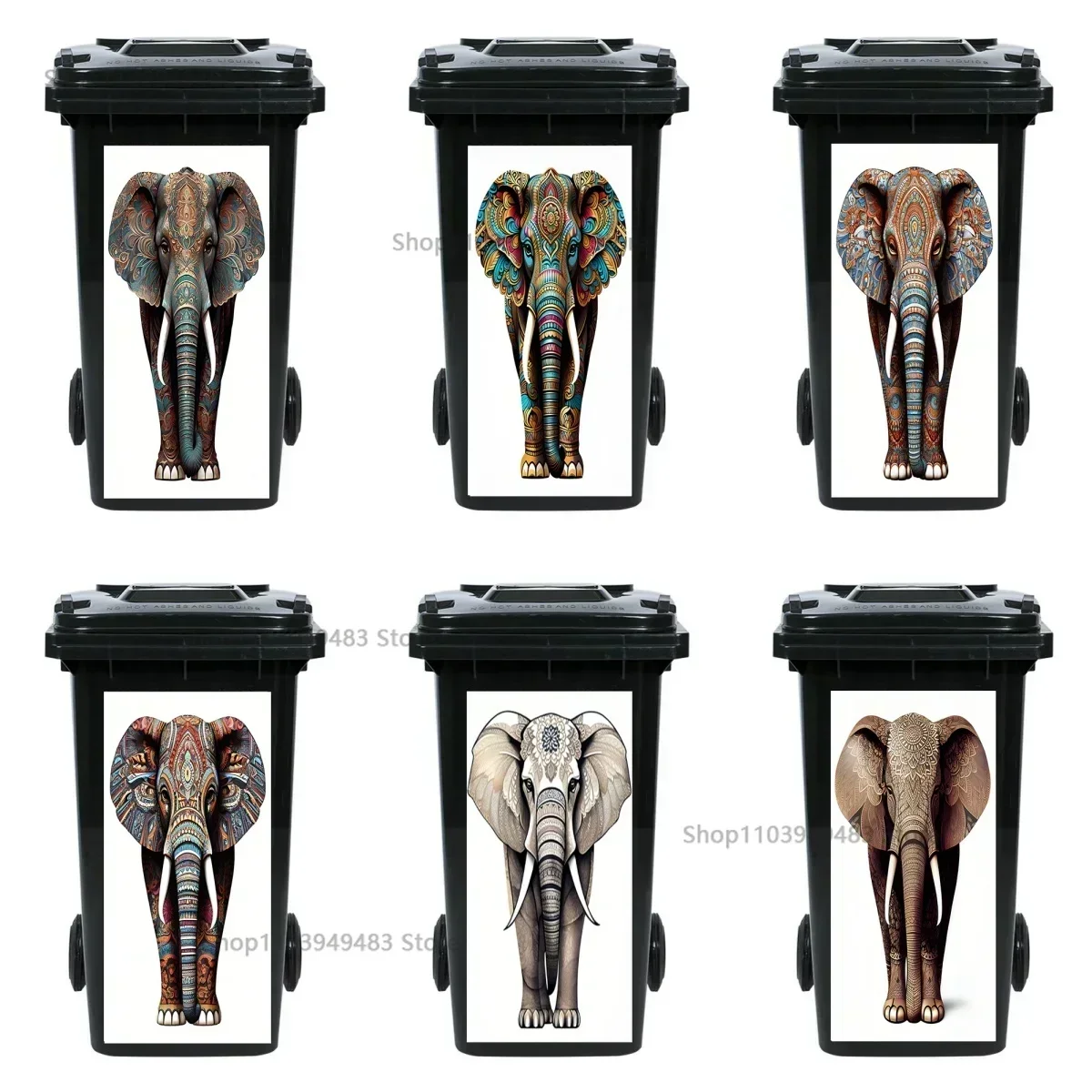 Painted Animal Series Elephants Mural Self-adhesive Wallpaper Trash Can Waterproof Stickers for Customize Garbage Bins Decals