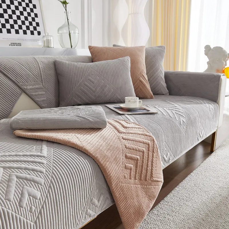 Autumn and Winter New Super Soft Plush Quilted Sofa Cushion Living Room Solid Color Non-slip Sofa Cushion Cover Cloth