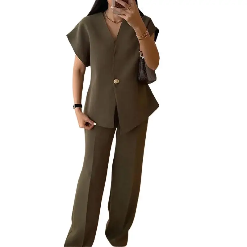

2025 New Fashion Slim V-neck Top + Wide-leg Pants Two-piece Sets Women's Summer Casual Jacket Trousers Suit For Women