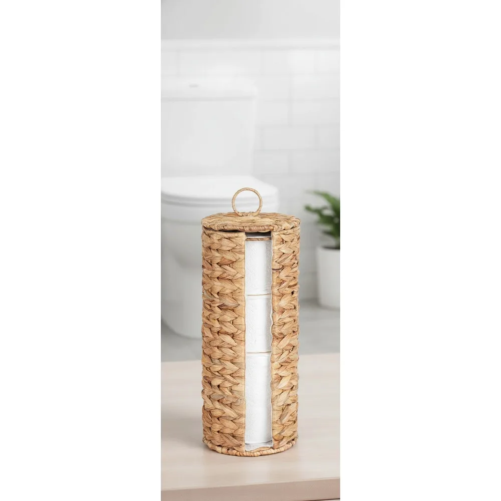 

Boho Toilet Paper Holder Basket with Lid - Water Hyacinth Storage for 4 Mega Rolls, Bathroom Organizer