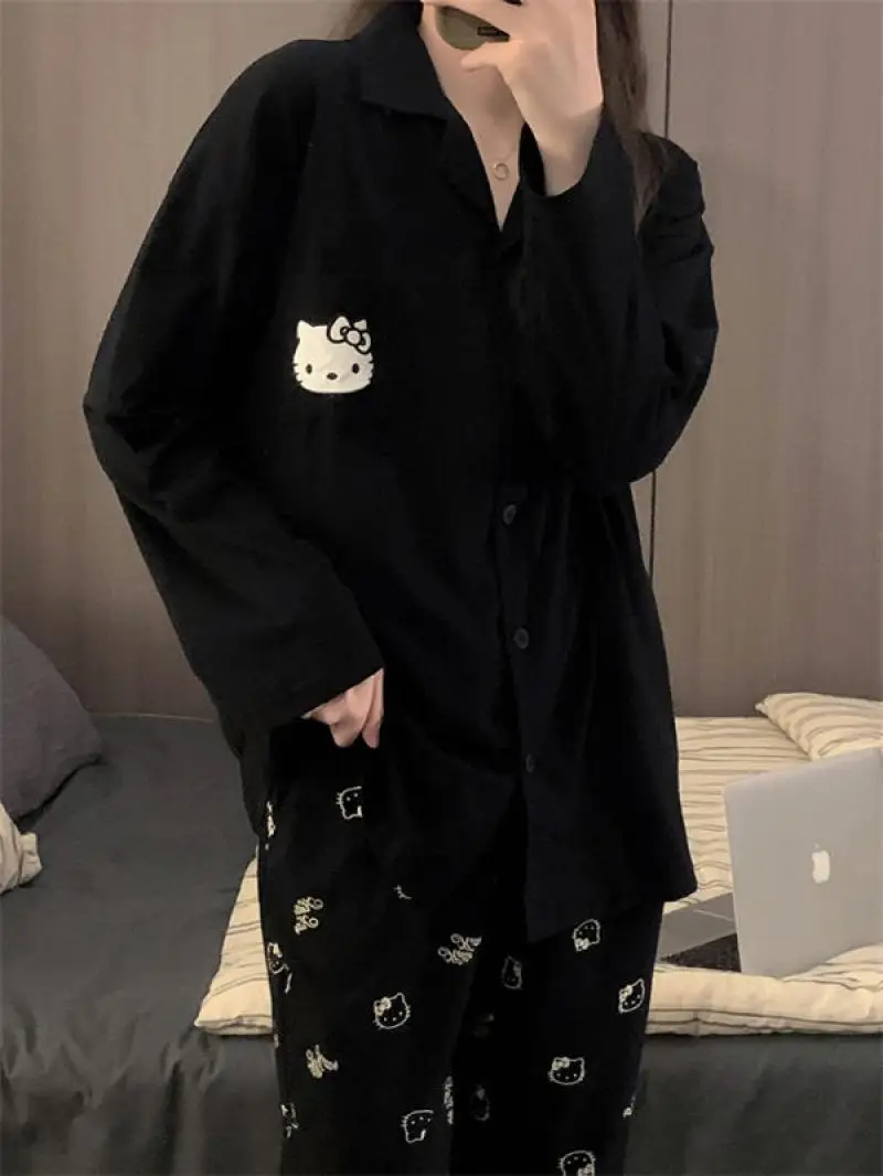 Kawaii Sanrios Hello Kittys Women\'s Pajamas Set Spring Autumn Anime Cartoon Students Polyester Long Sleeved Girls Nightwear Gift