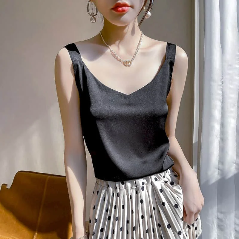 Seiden weste für Frauen Sommer Minimalismus V-Ausschnitt Vintage solide lässige ärmellose Tops grundlegende koreanische Stil enge Tanks Frauen kleidung