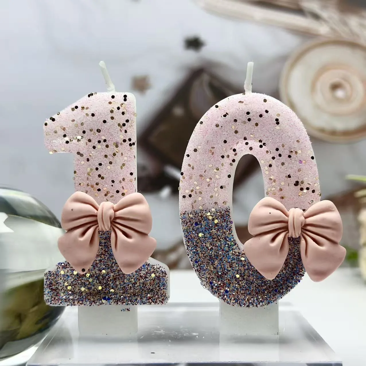 0-9 Pink Ombre Glitter Bow Number Birthday Candle, Cute Bowknot Cake Topper for Girls 10th Birthday Party, Safe Smokeless Paraff