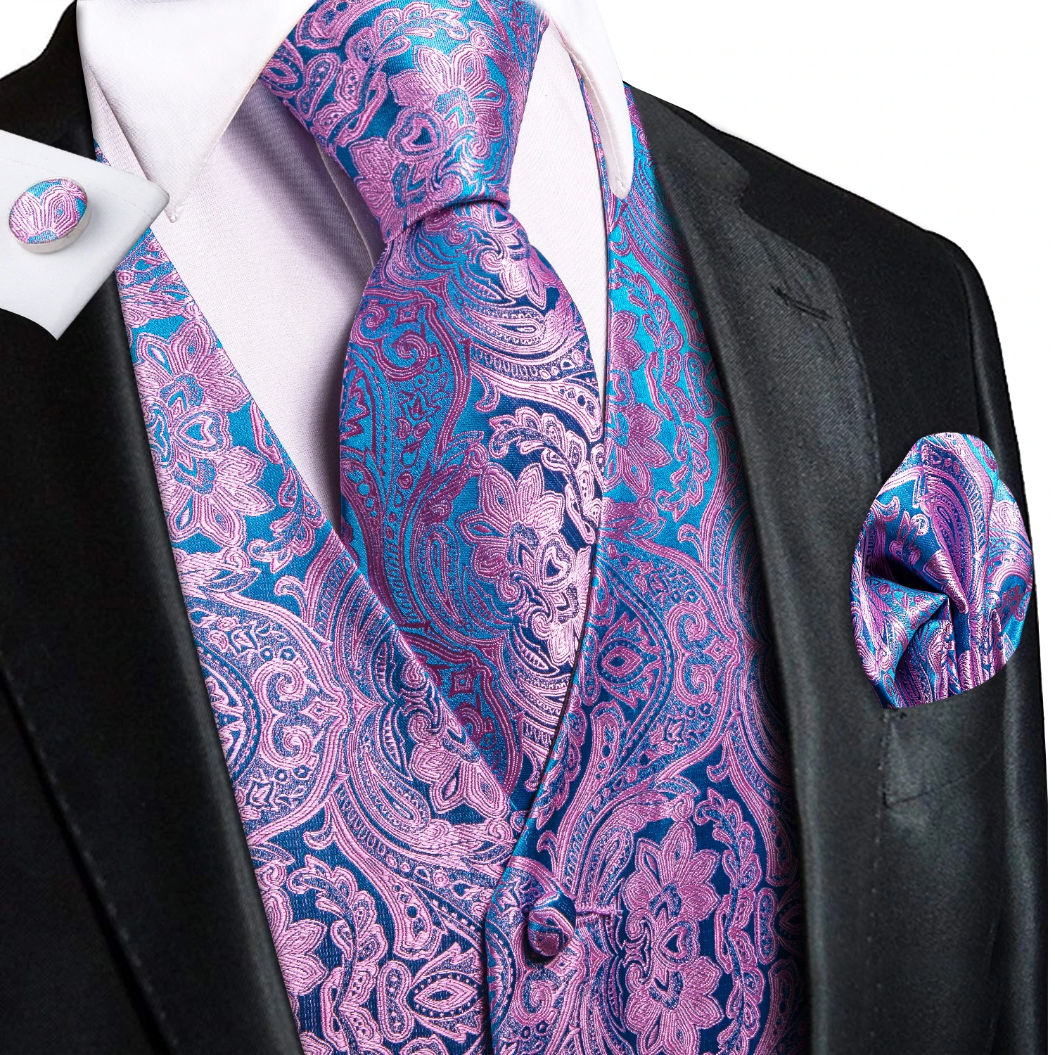 Wedding Purple Silk Men Vest Paisley Slim Fit Necktie Hankerchief Cufflinks Sets Male Sleeveless V-Neck Waistcoat Party Hi-Tie