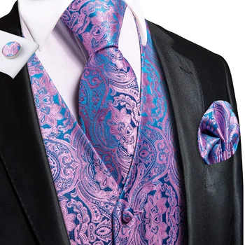 Wedding Purple Men Vest Paisley Floral Necktie Handkerchief Cufflinks Sets Blue Green Red Male Sleeveless V-Neck Waistcoat Party 2