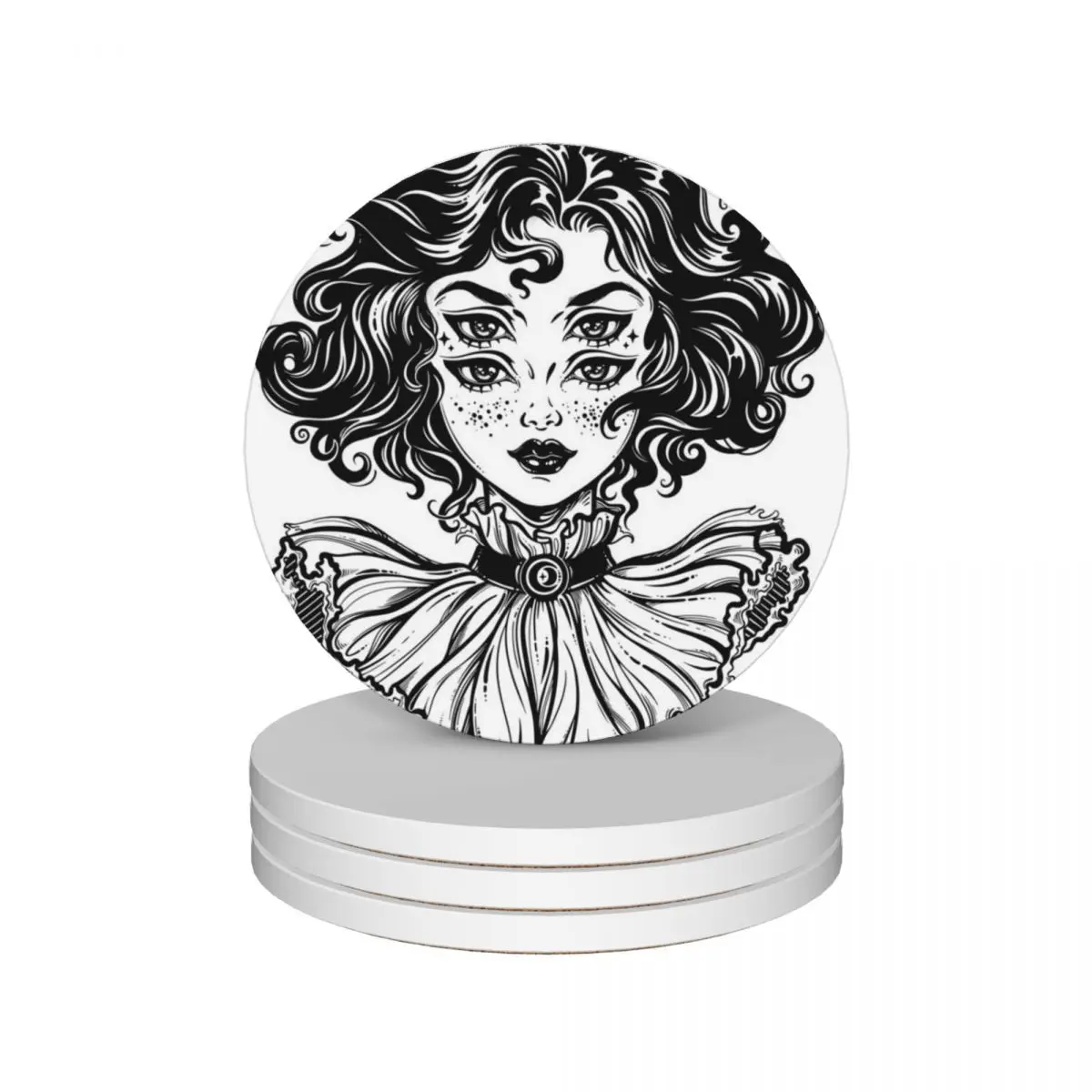 Gothic witch girl head portrait with curly hair and four eyes. Ceramic Coasters (Set of 4) flower Cup mat Coasters