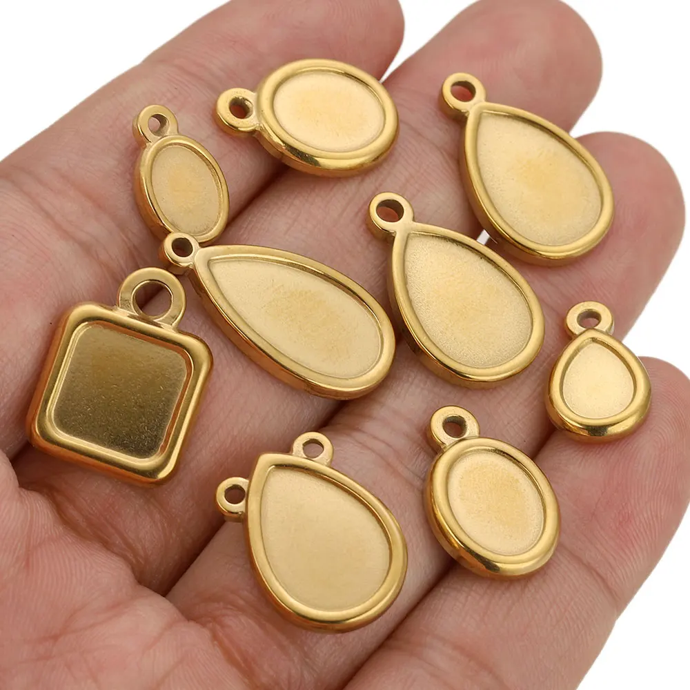 5pcs Stainless Steel Square Drop Round Oval Bezel Charm Pendant Trays Blank Cabochon Base Diy Resin Cameo Jewelry Making Supplie view 4
